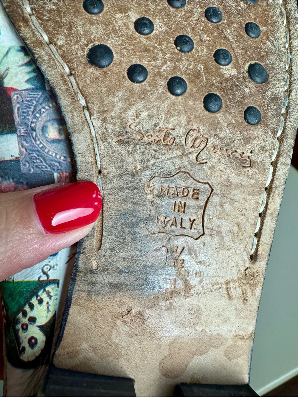 Vintage Sesto Meucci Made In Italy Postage Stamp Print Moccasins Mules Size 9.5 - Picture 11 of 12
